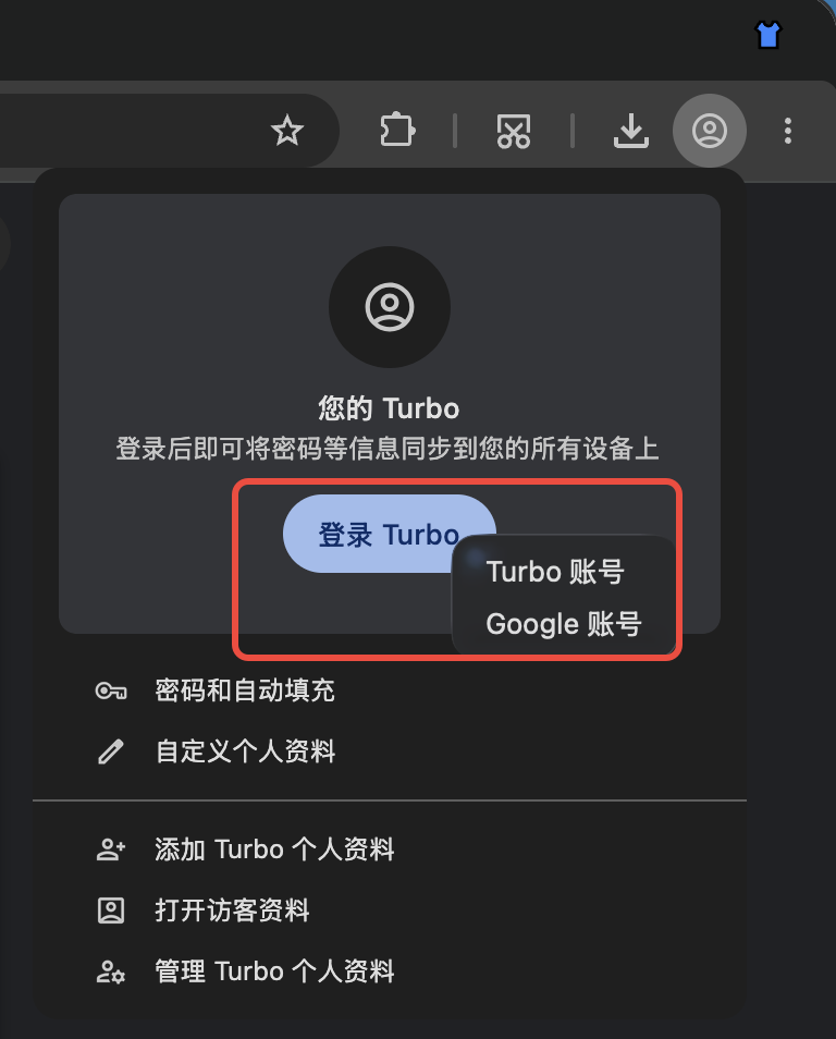 点击右上角头像，选择 Turbo 账号或 Google 账号登录