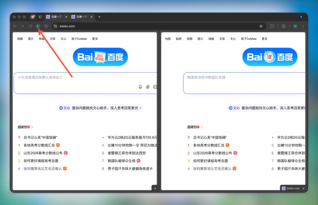 工具栏分屏按钮：左右两栏并排浏览不同页面